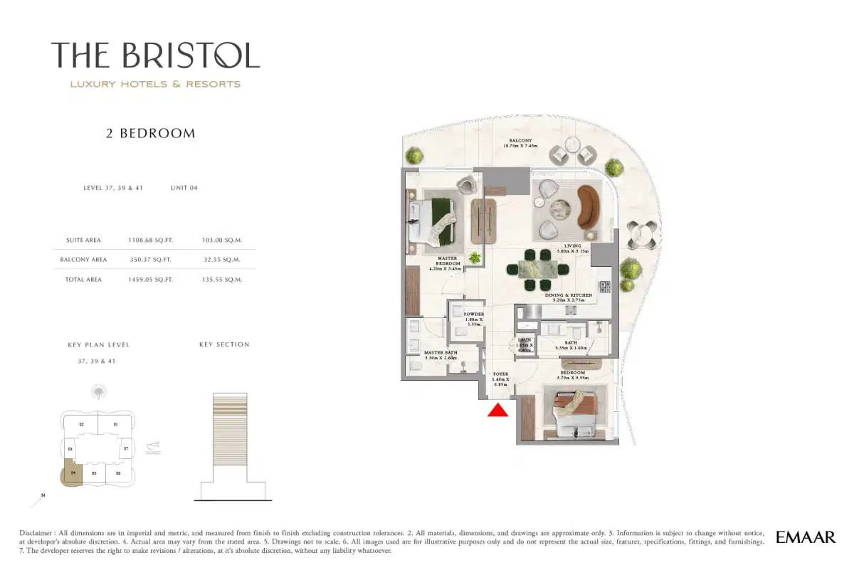 Emaar The Bristol Apartments 2 BR Floor Plan 1,459 Sq. Ft.
