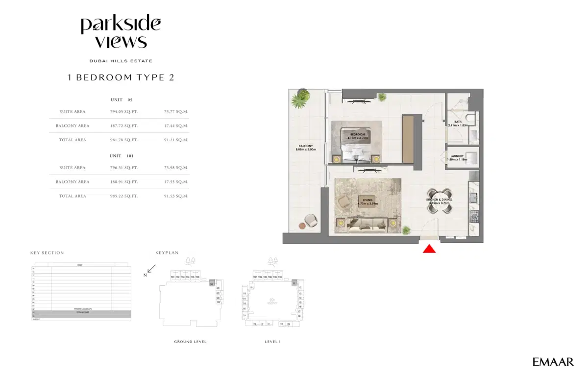 EMAAR Parkside Views Dubai 1 BR Floor Plan 985 Sq. Ft.