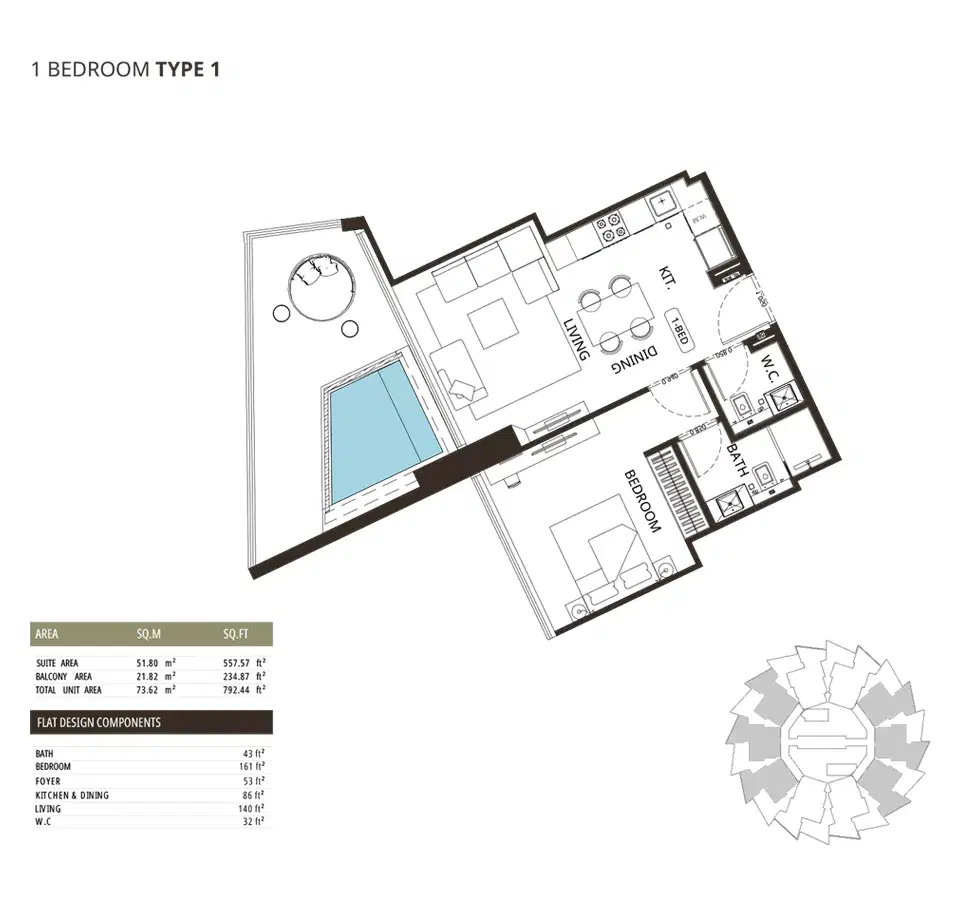 Binghatti Grove Jvc 1 BR Apartment Floor Plan