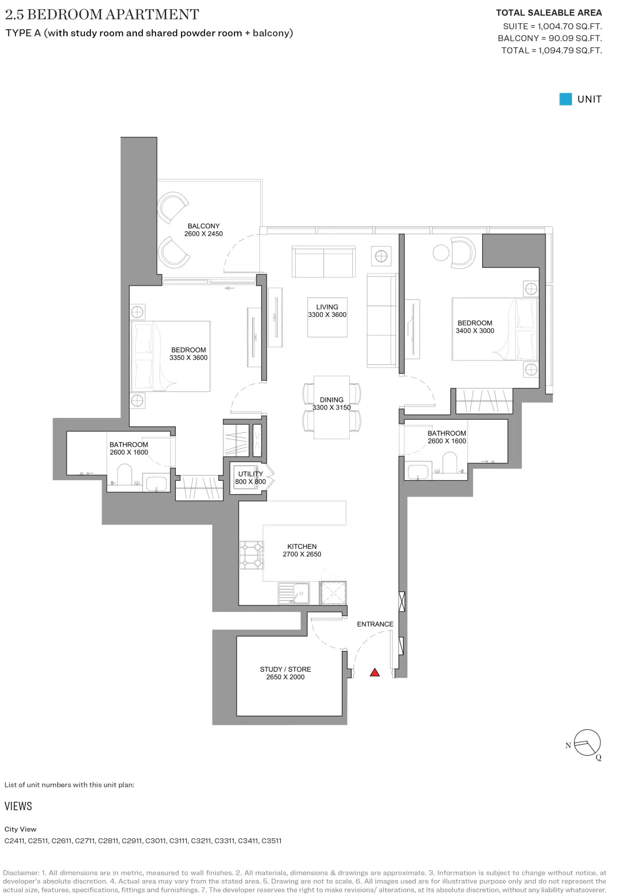 Skyscape Aura Sobha Hartland 2 2.5 Bedroom Apartments Floor Plan