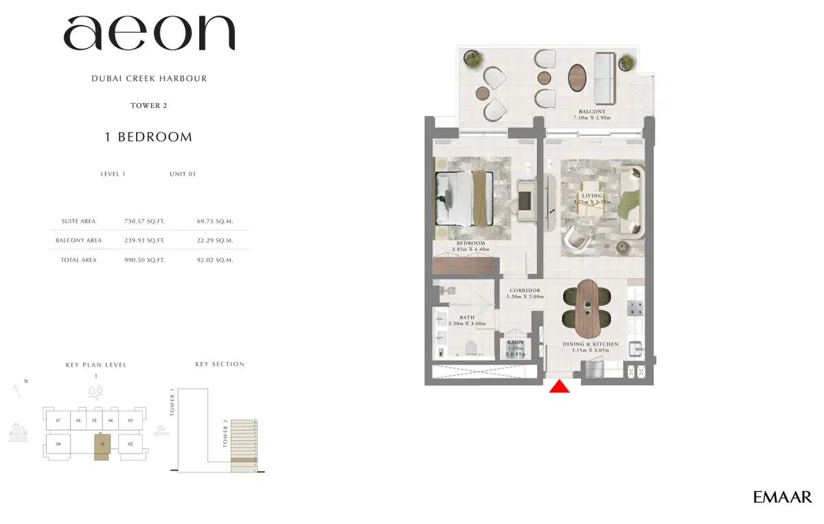 EMAAR AEON Dubai 1 BR Floor Plan 990 Sq. Ft.