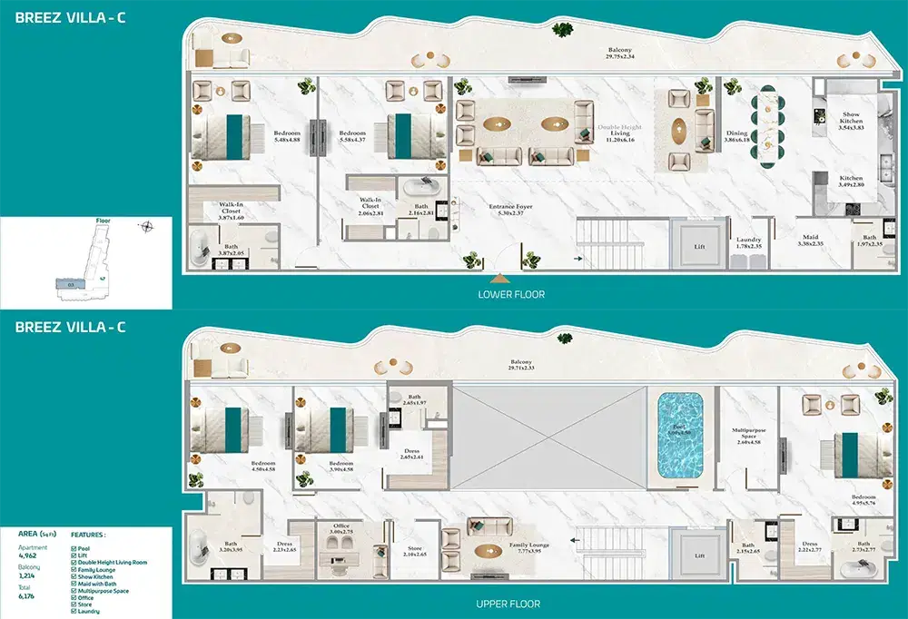 Breez by Danube at Dubai Maritime City 5 BR Villas Floor Plan