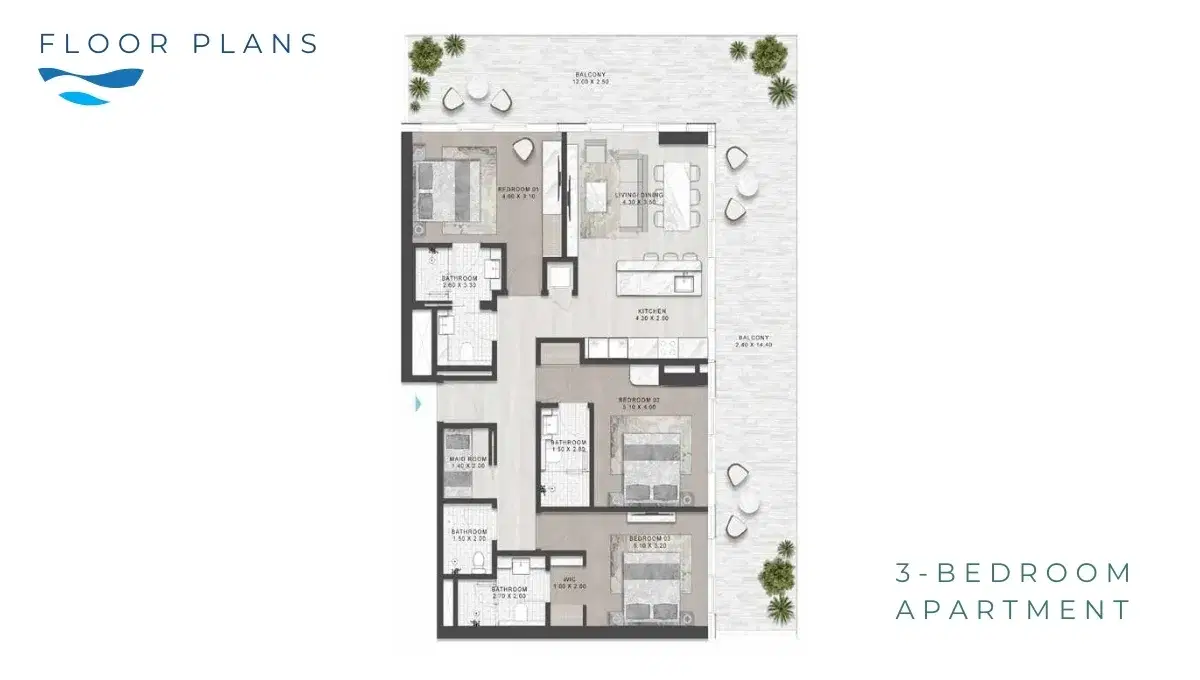 Damac Shoreline Al Marjan Island 3 Bedroom Apartments Floor Plan