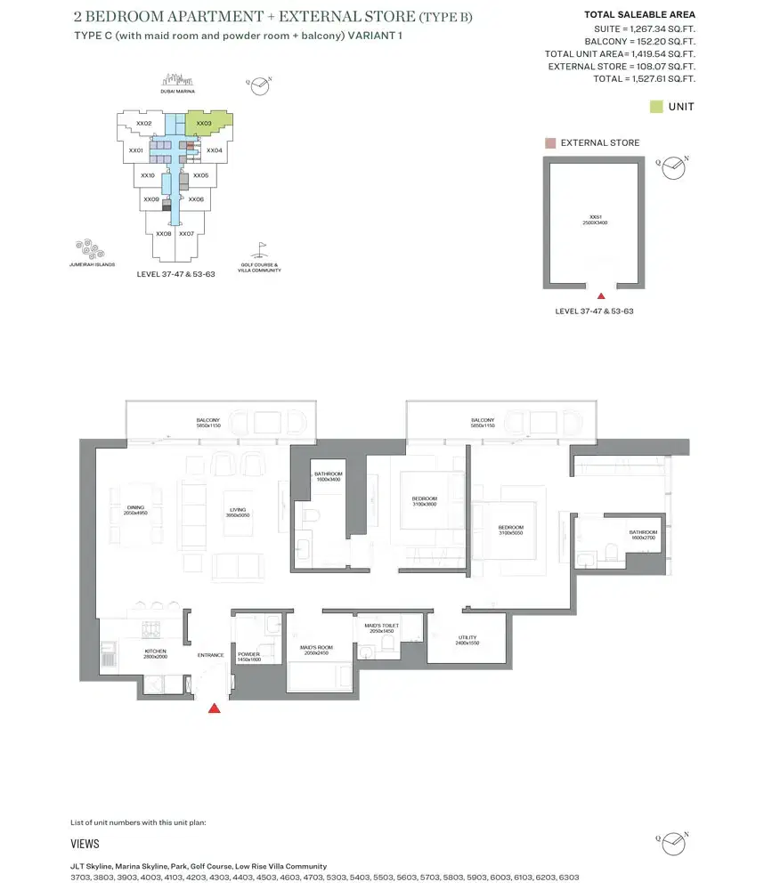 SOBHA Verde Dubai 2 BR Floor Plan 1,527 Sq. Ft.