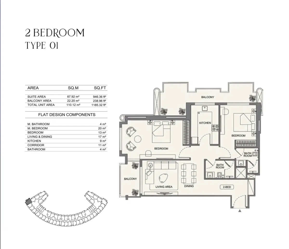 Binghatti Wraith at Al Jaddaf 2 BR Royal Suite Floor Plan 1,185 Sq. Ft.