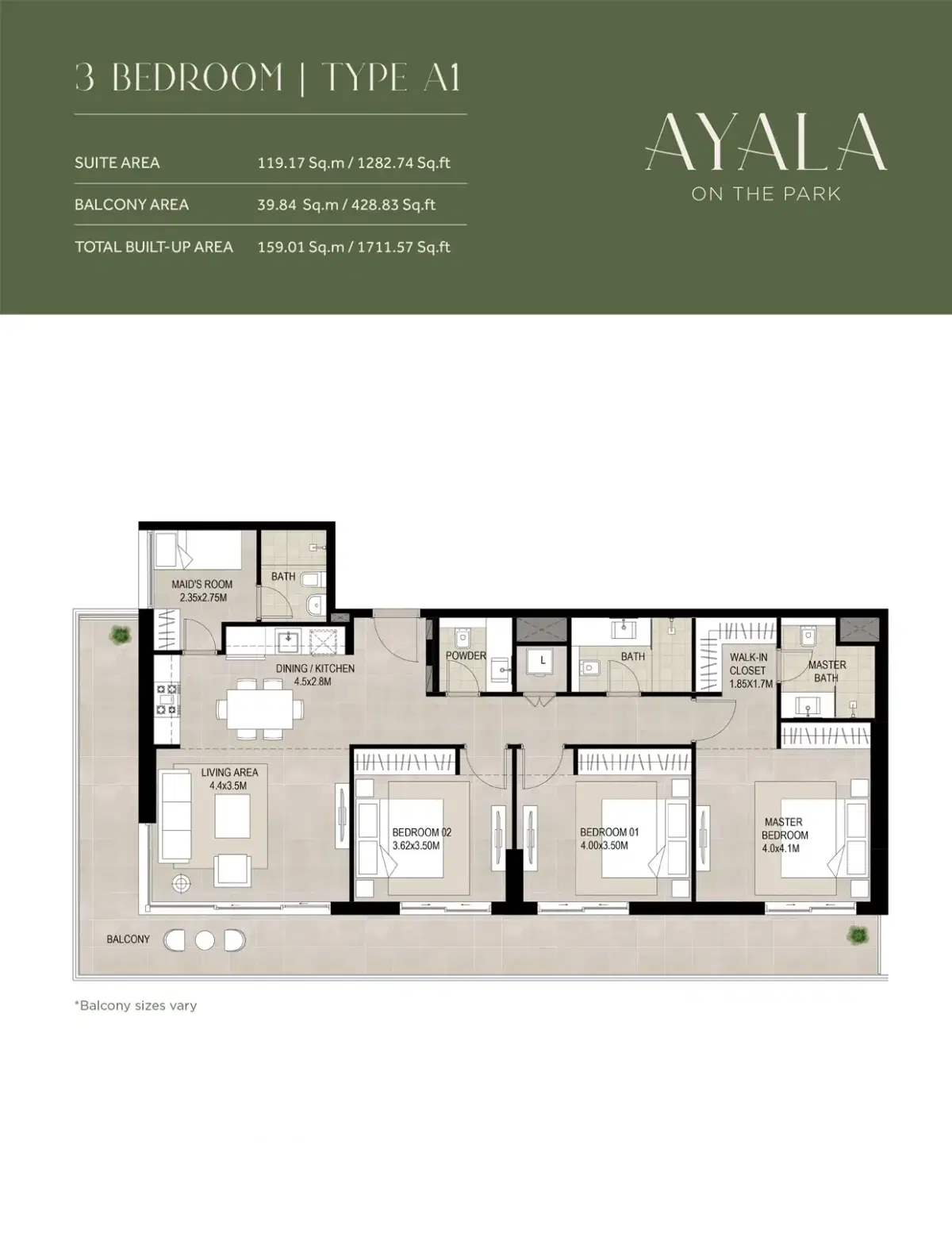 NSHAMA Ayala on the Park Dubai 3 BR Floor Plan 1,711 Sq. Ft.