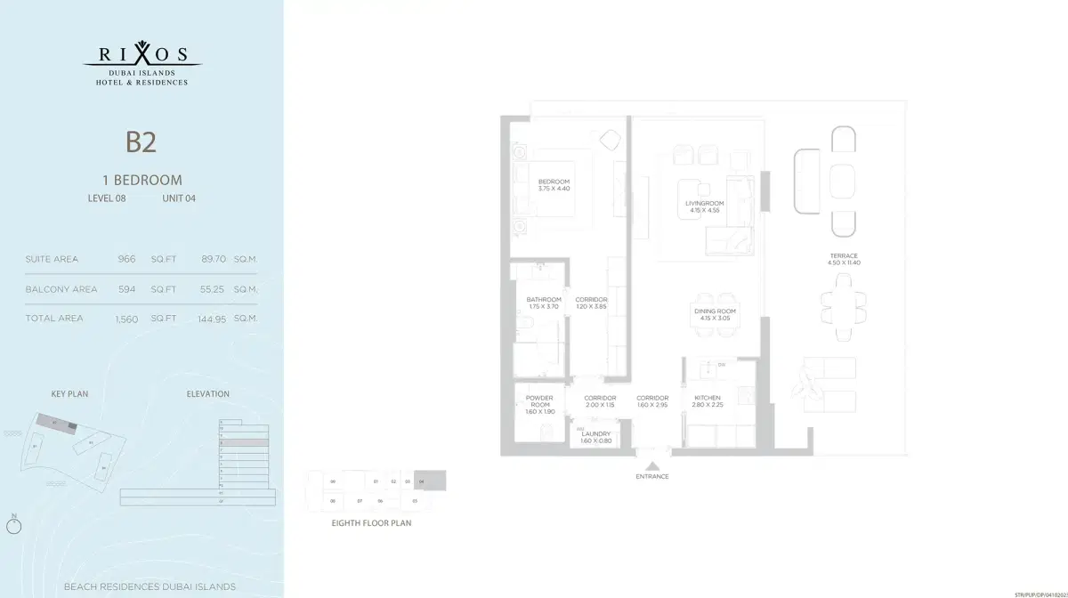 Nakheel Rixos Phase 2 Dubai 1 BR Floor Plan 1,560 Sq. Ft.