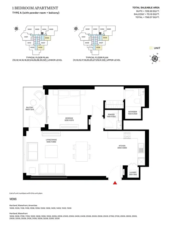 SOBHA Waves Opulence Dubai 1 BR Floor Plan 799 Sq. Ft.
