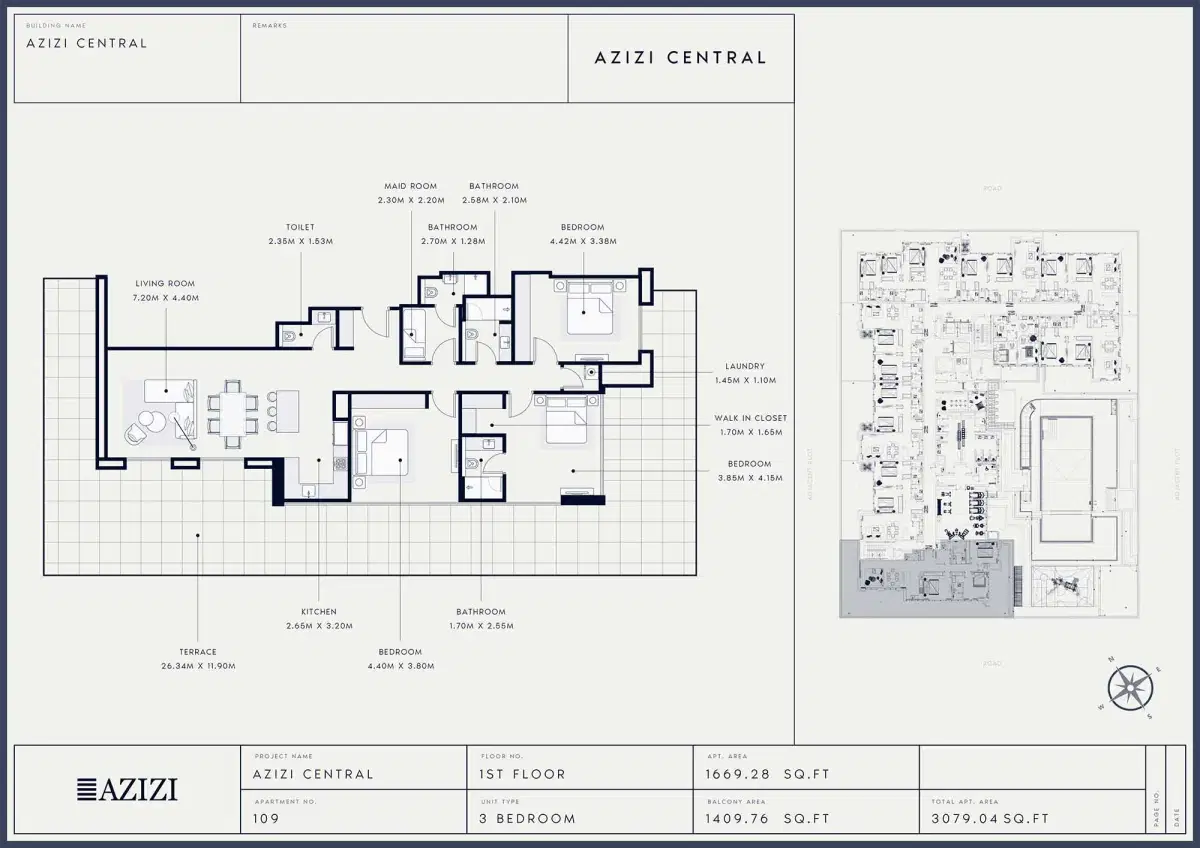 AZIZI Central Dubai 3 BR Floor Plan 3,079 Sq. Ft.
