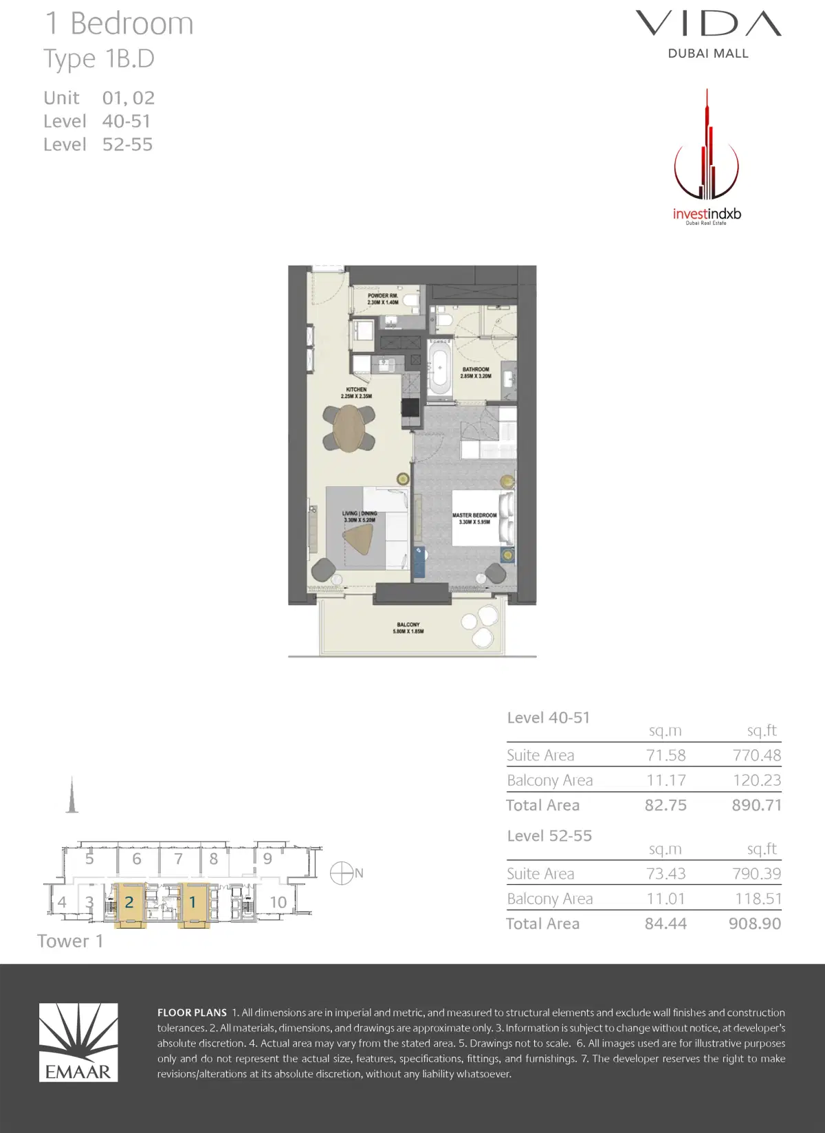 EMAAR Vida Dubai Mall Residences 1 BR Floor Plan 908 Sq. Ft.