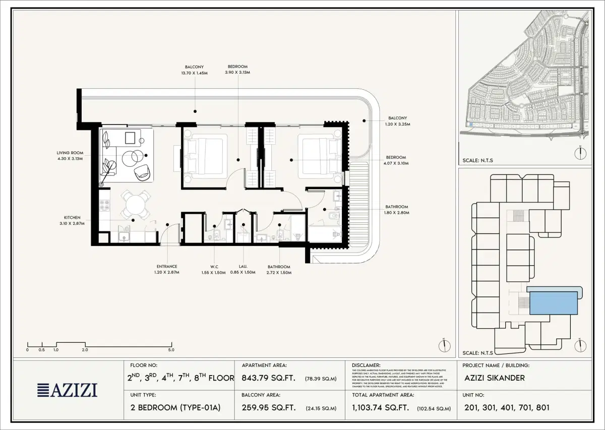  Azizi Sikander at Al Furjan Dubai 2 BR Floor Plan 1,103 Sq. Ft.