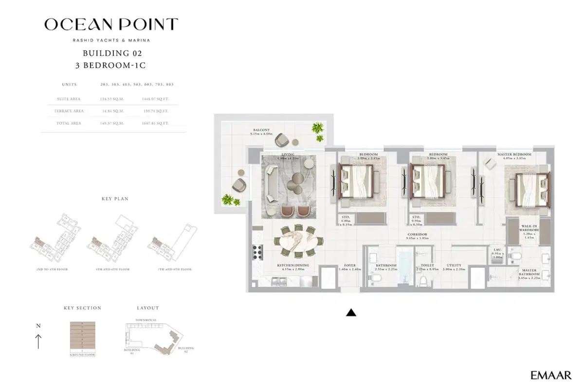 Emaar Ocean Point Rashid Yachts Marina 3 BR Apartments Floor Plan