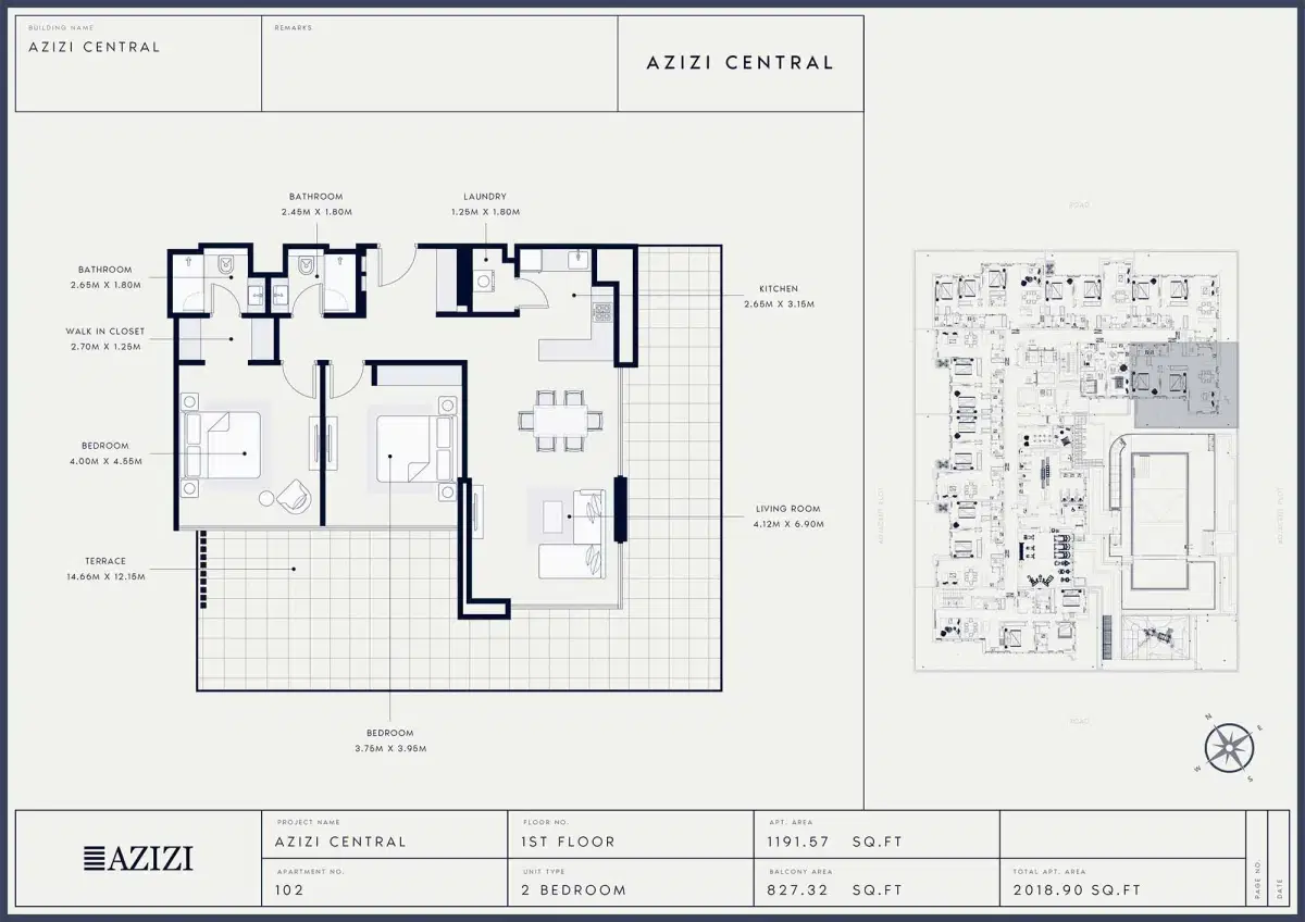 AZIZI Central Dubai 2 BR Floor Plan 2,018 Sq. Ft.