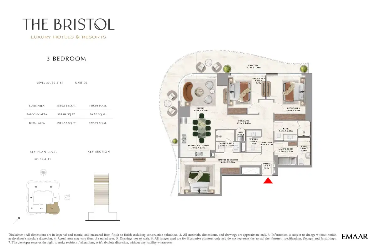 Emaar The Bristol Apartments 3 BR Floor Plan 1,911 Sq. Ft.