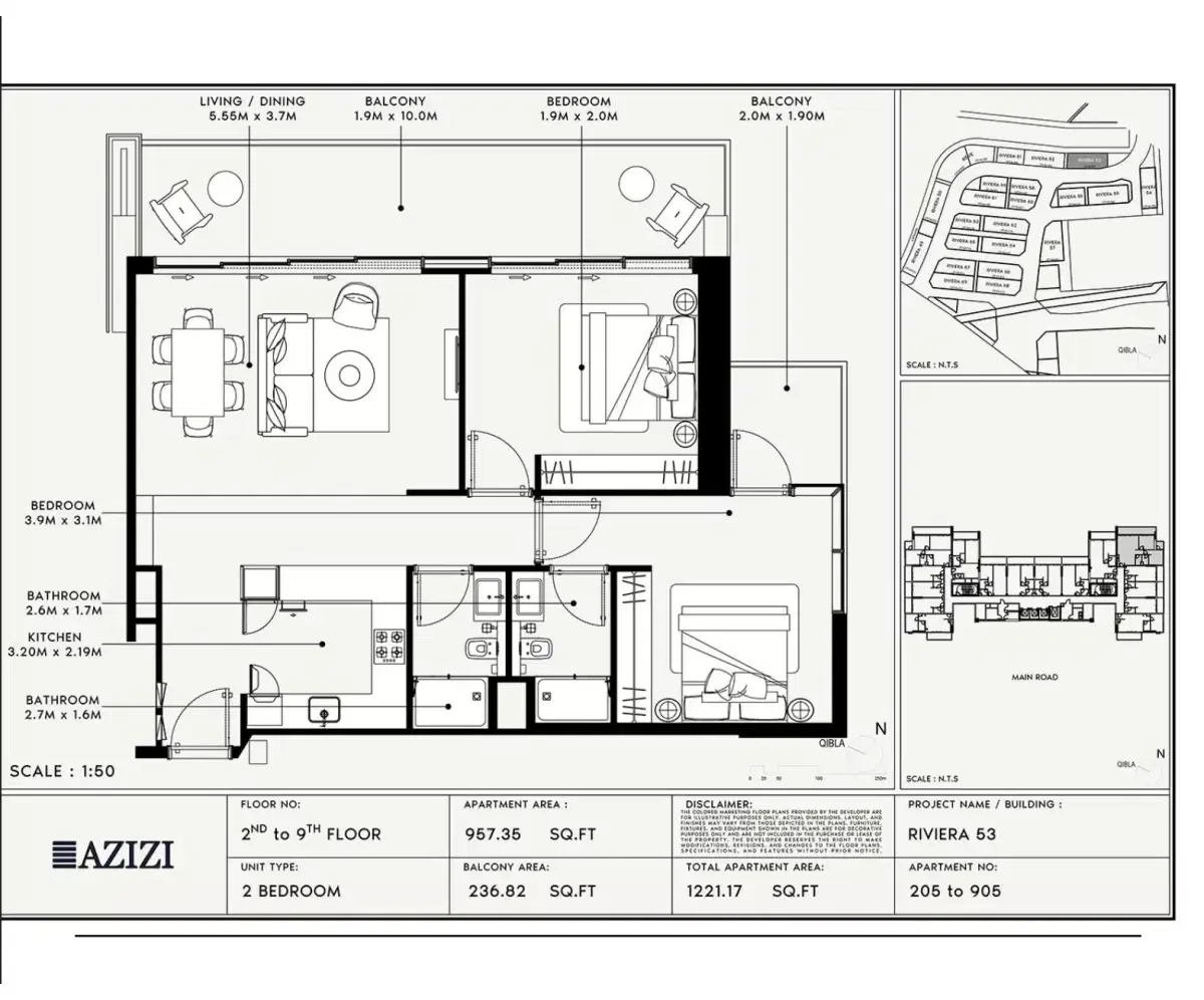 Azizi Riviera 53 at Meydan Dubai 2 BR Apartment Floor Plan