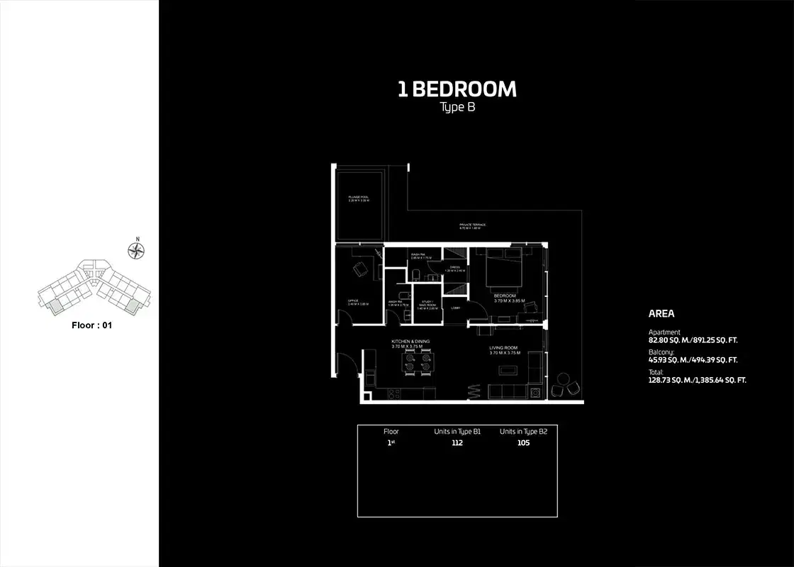DANUBE Gemz Dubai 1 BR Floor Plan 1,385 Sq. Ft.