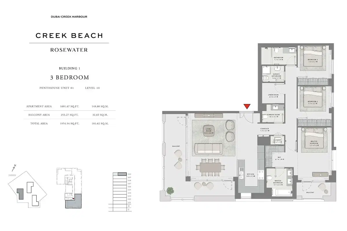 EMAAR Rosewater Dubai 3 BR Floor Plan 1,954 Sq. Ft.
