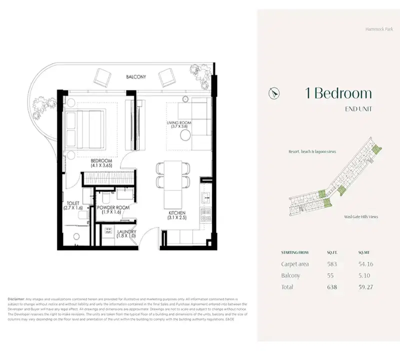 Hammock Park Dubai 1 BR Floor Plan 638 Sq. Ft.