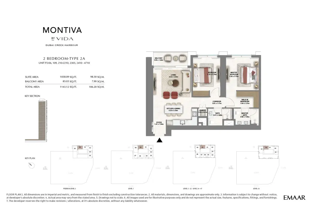 Emaar Montiva by Vida at Dubai Creek Harbour  2 BR Floor Plan 1,143 Sq. Ft.