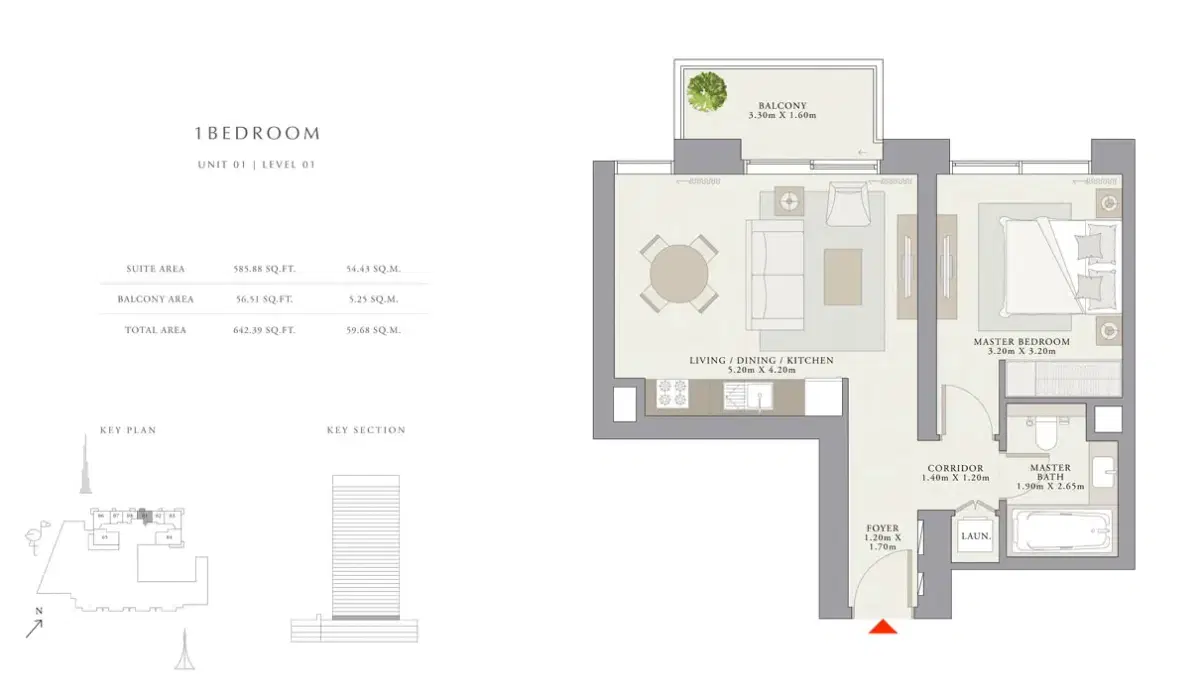 EMAAR Creek Palace Dubai 1 BR Floor Plan 642 Sq. Ft.