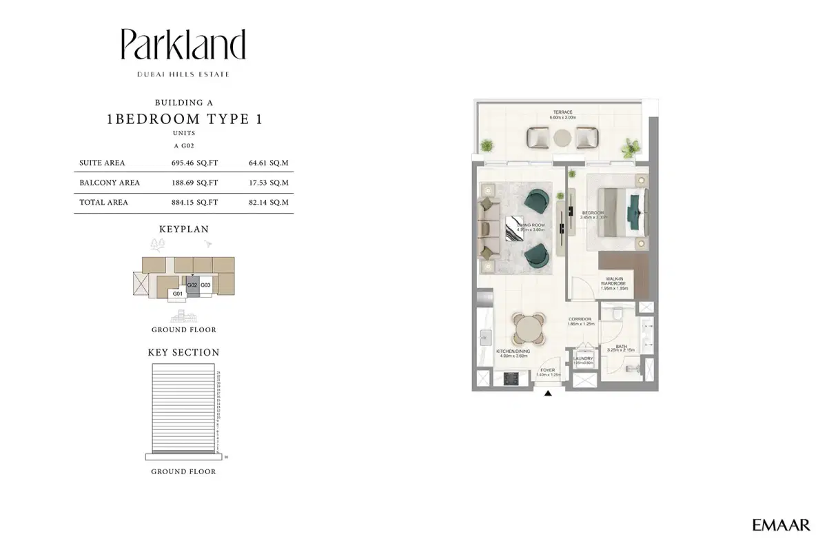 EMAAR Parkland Dubai 1 BR Floor Plan 884 Sq. Ft.