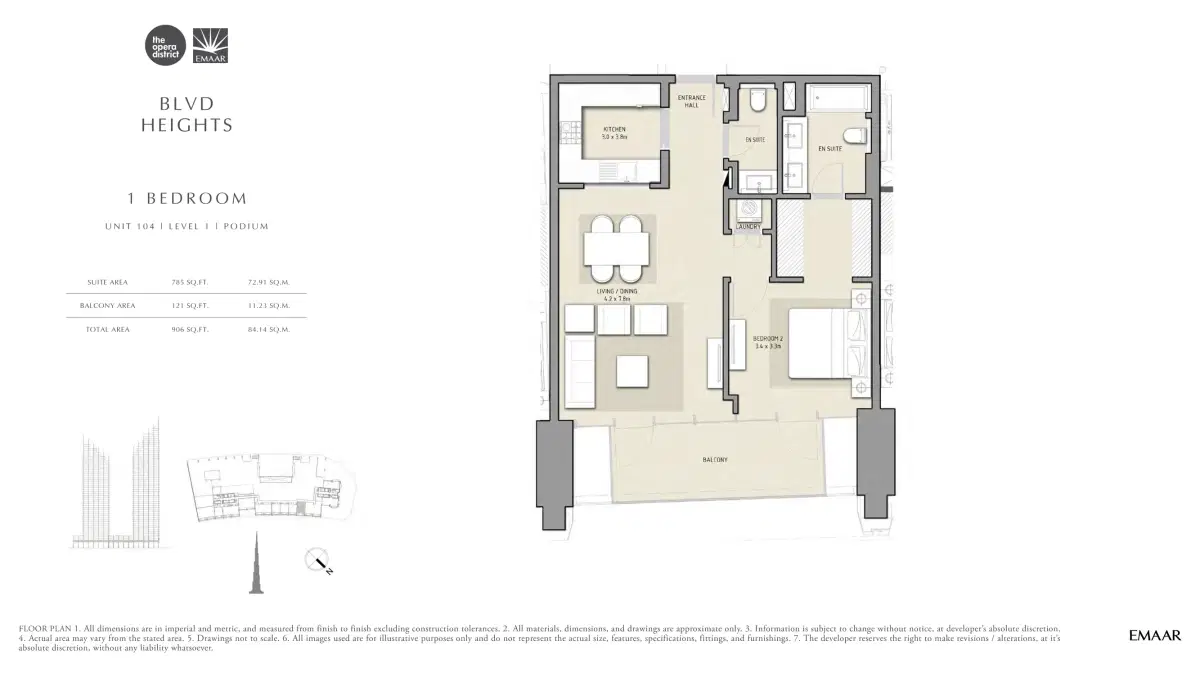Emaar Boulevard Heights 1 BR Apartment Floor Plan