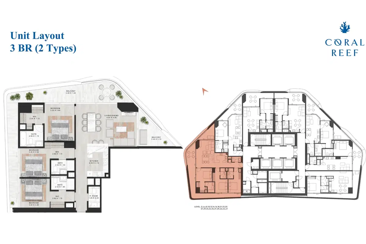 Damac Coral Reef 3 Bedroom Apartments Floor Plan
