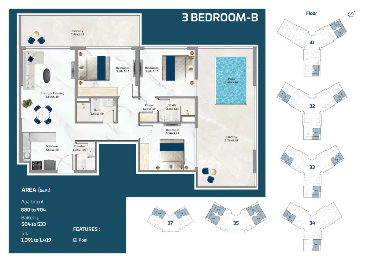 3 BR Floor Plan 1,419 Sq. Ft.