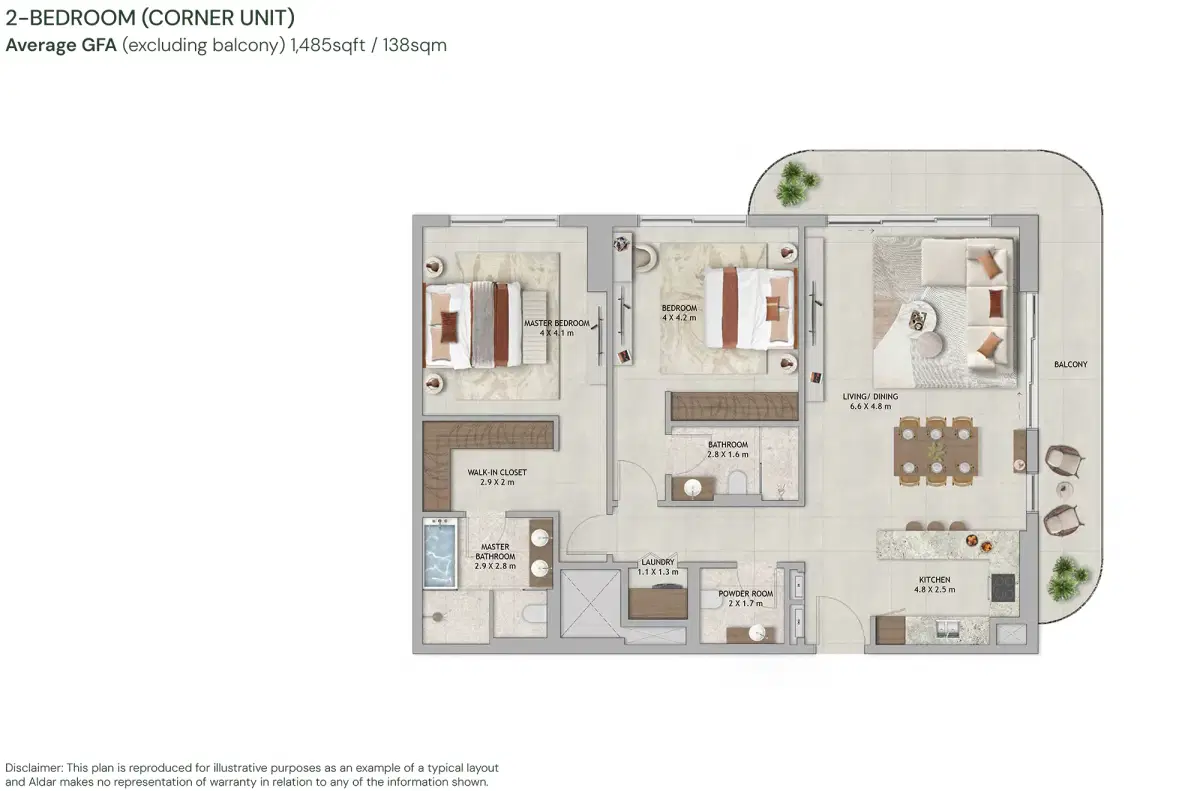 Aldar Verdes by Haven Dubai 2 BR Floor Plan 1,485 Sq. Ft.