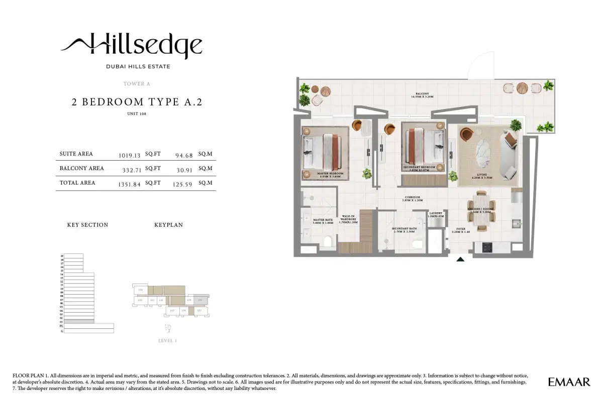 Emaar Hillsedge Dubai 2 BR Floor Plan 1,352 Sq. Ft.
