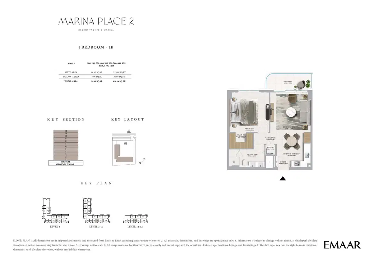 Emaar Marina Place 2 1 BR Floor Plan 801 Sq. Ft.