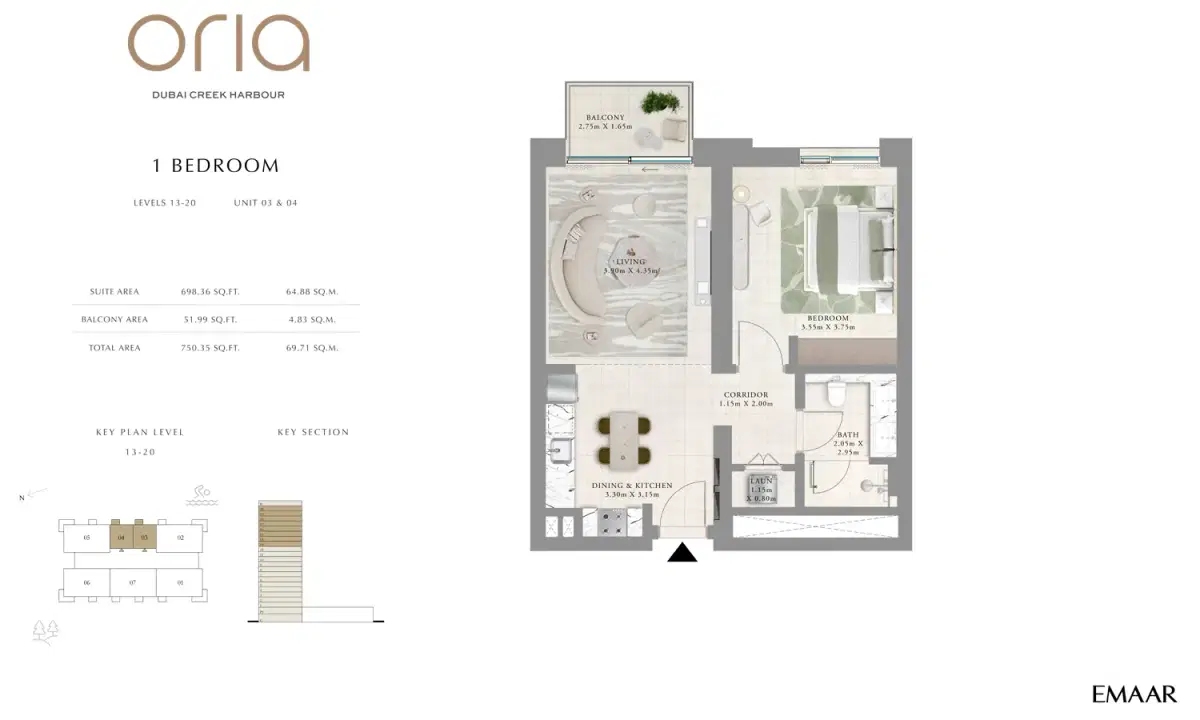 EMAAR Oria Dubai 1 BR Floor Plan 750 Sq. Ft.