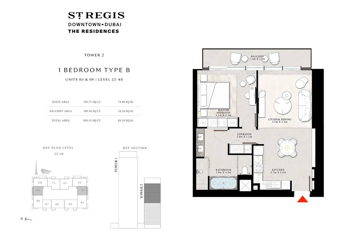 Emaar St Regis Residences 1 BR Apartment Floor Plan