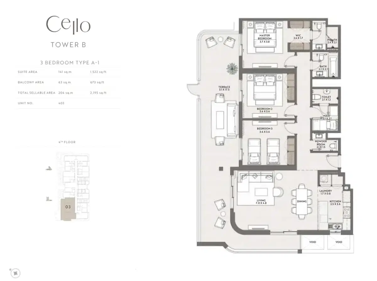Taraf Cello Dubai Jumeirah Village Circle 3 BR Apartment Floor Plan