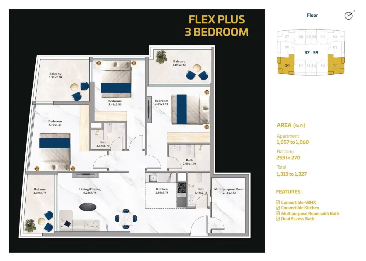 Aspirz at Dubai Sports City 3 BR Floor Plan 1327 Sq. Ft.
