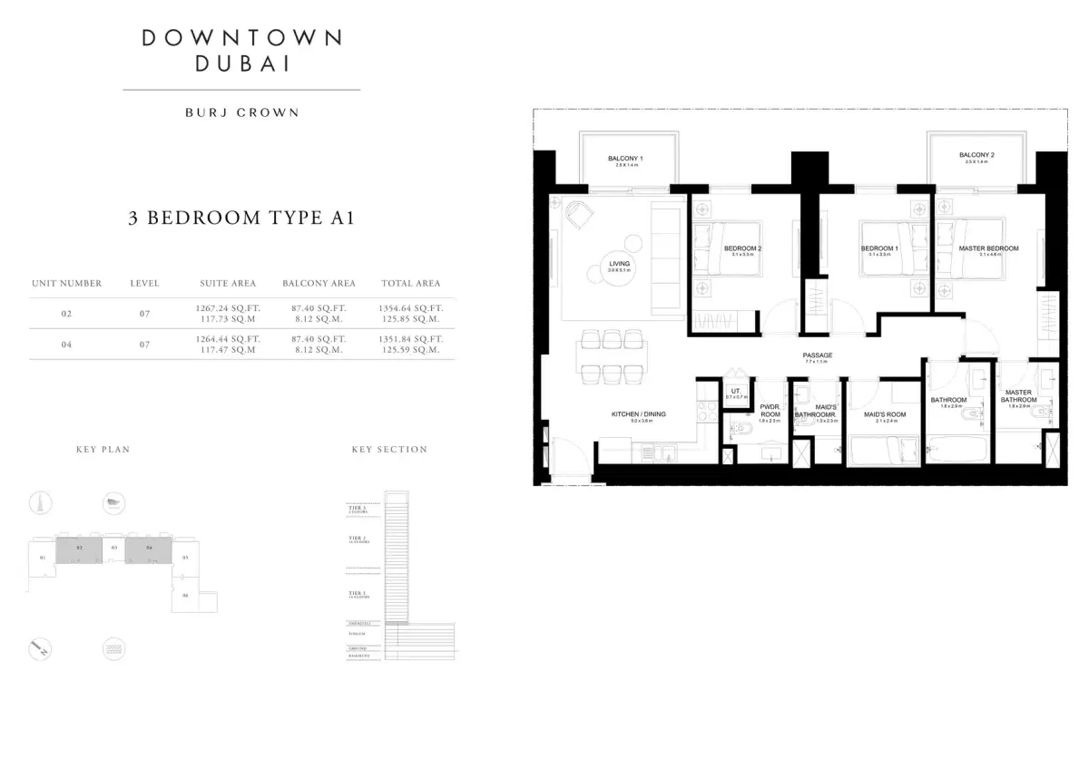 EMAAR Burj Crown Dubai 3 BR Floor Plan 1,354 Sq. Ft.