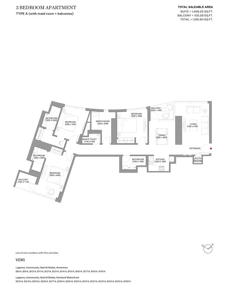 Skyscape Avenue Sobha Hartland 2 3 Bedroom Apartments Floor Plan