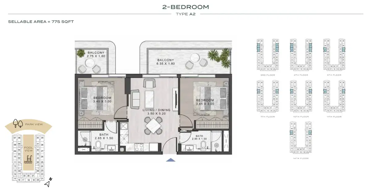 Damac Elo 3 Dubai 2 BR Floor Plan 775 Sq. Ft.