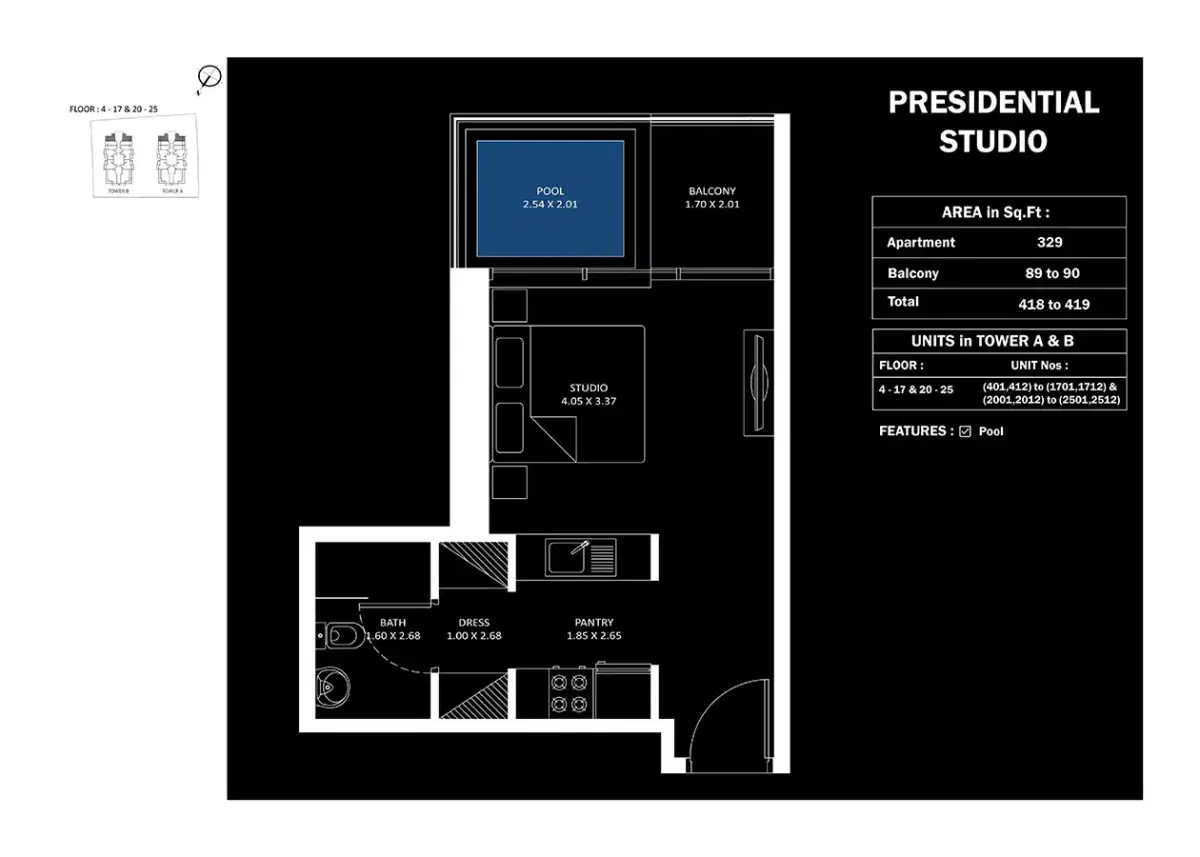 Danube Elitz 2 Dubai Studios Floor Plan 419 Sq. Ft.