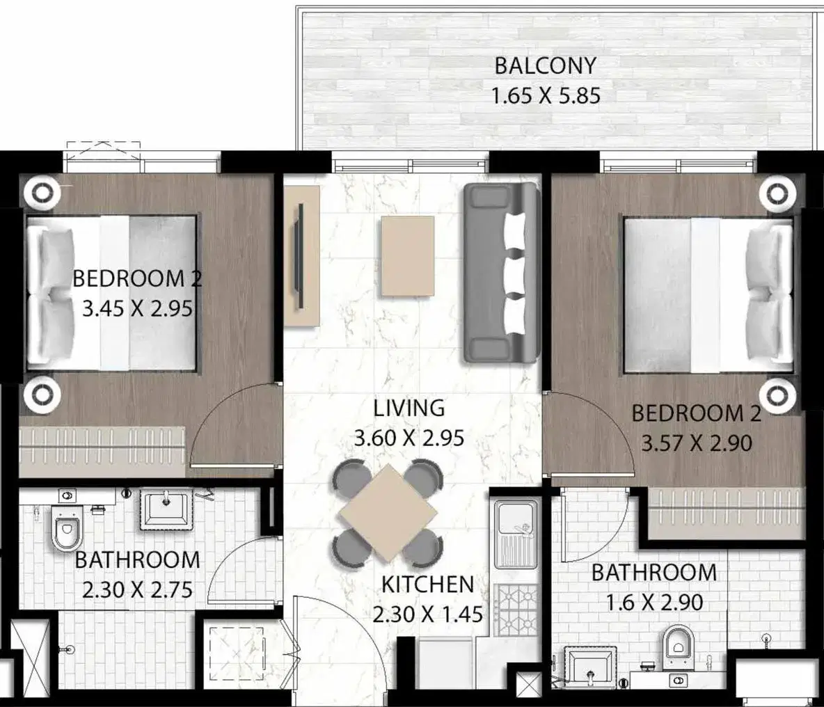 Damac Fiora 2 Bedroom Apartments Floor Plan