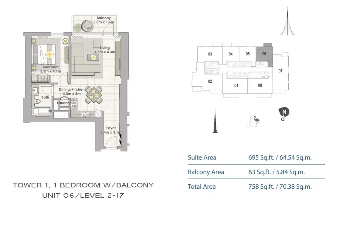 EMAAR Creek Horizon Dubai 1 BR Floor Plan 758 Sq. Ft.