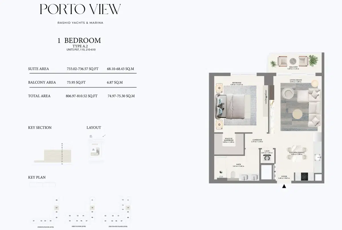 Emaar Porto View  Dubai 1 BR Floor Plan 810 Sq. Ft.