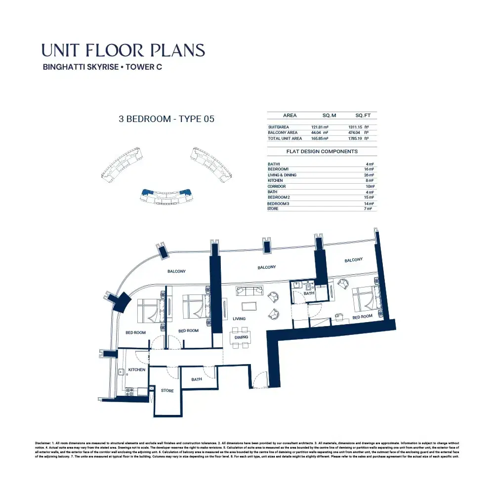 Binghatti Skyrise 3 BR Floor Plan 1,785 Sq. Ft.