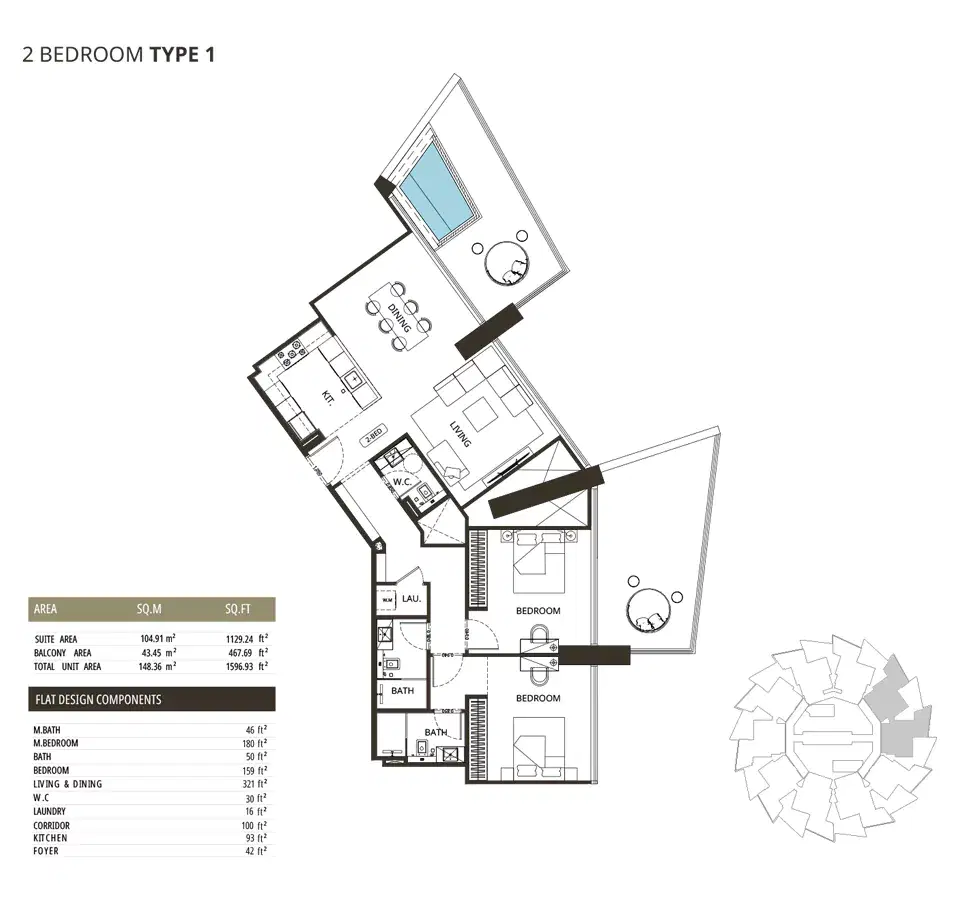 Binghatti Grove Jvc 2 BR Apartment Floor Plan