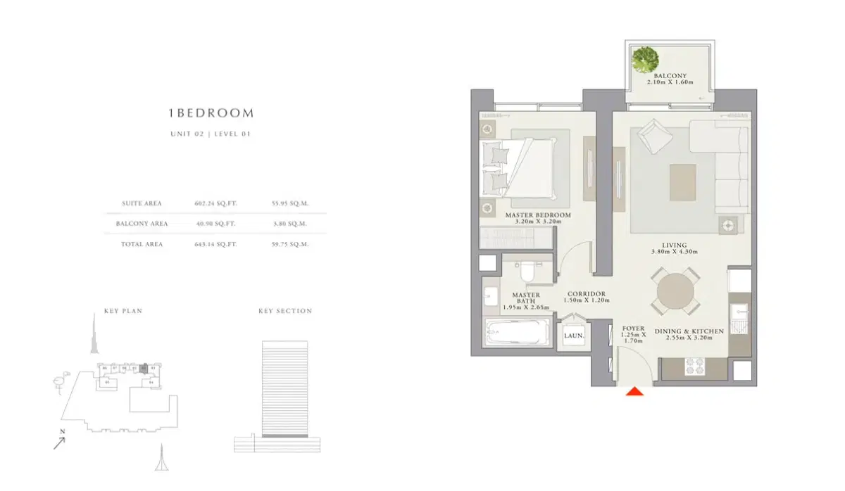 EMAAR Creek Palace Dubai 1 BR Floor Plan 643 Sq. Ft.