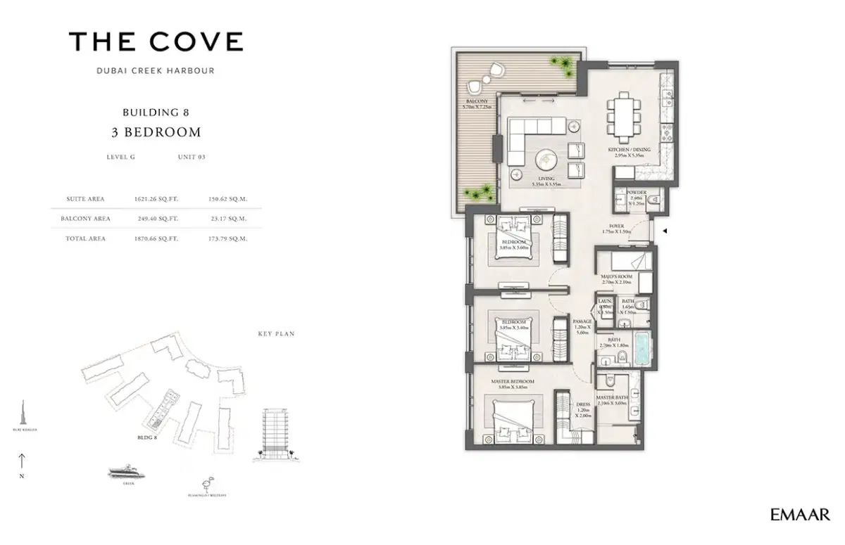 EMAAR The Cove 2 Dubai 3 BR Floor Plan 1,870 Sq. Ft.