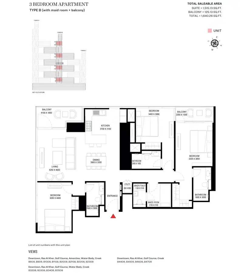 SOBHA One Dubai 3 BR Floor Plan 1,640 Sq. Ft.