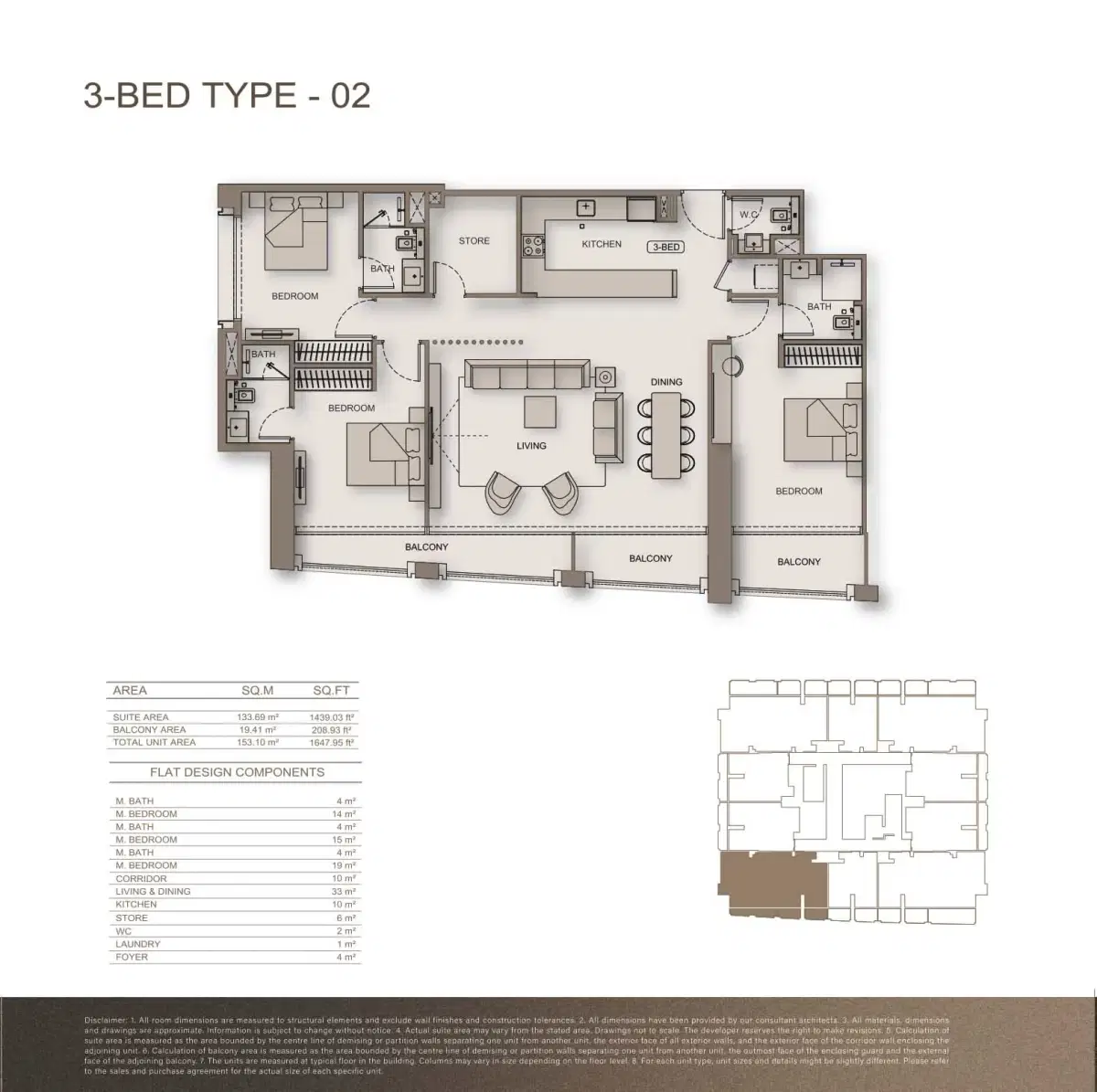 Binghatti Moonlight At Al Jaddaf Dubai 3 BR Apartment Floor Plan