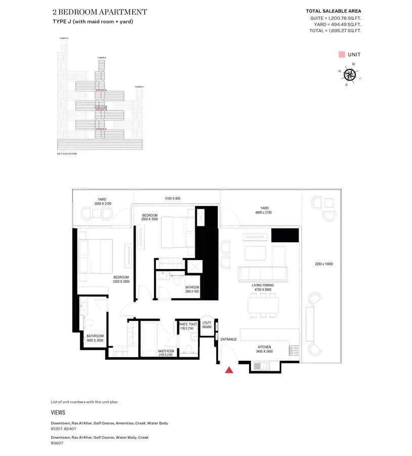 Sobha One & Sobha Hartland 2 Dubai 2 BR Floor Plan 1,695 Sq. Ft.