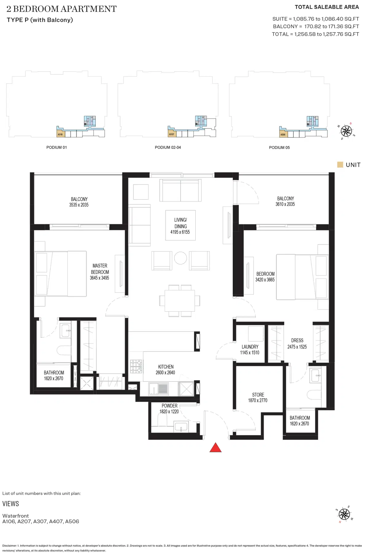 SOBHA Crest Grande Dubai 2 BR Floor Plan 1,257 Sq. Ft.